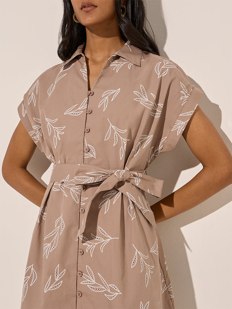 LOV Light Taupe Foliage Printed A-Line Dress with Belt - Image 2