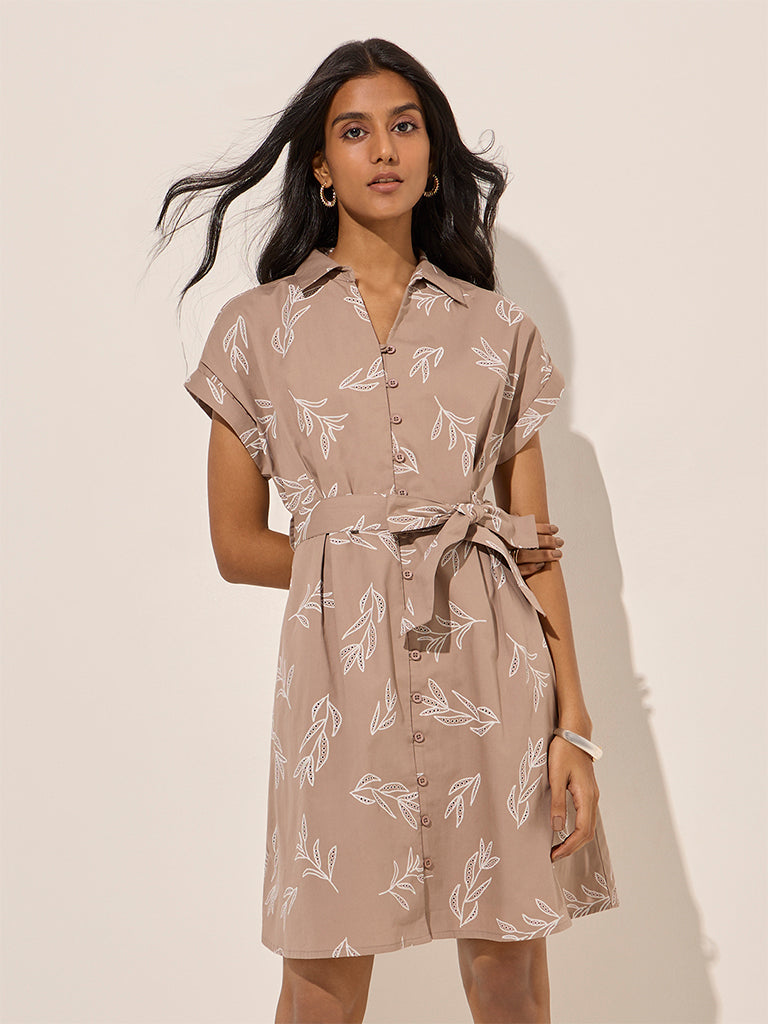 LOV Light Taupe Foliage Printed A-Line Dress with Belt - Image 3