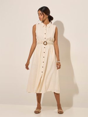 LOV Light Beige Solid Linen-Blend Shirt Dress with Belt