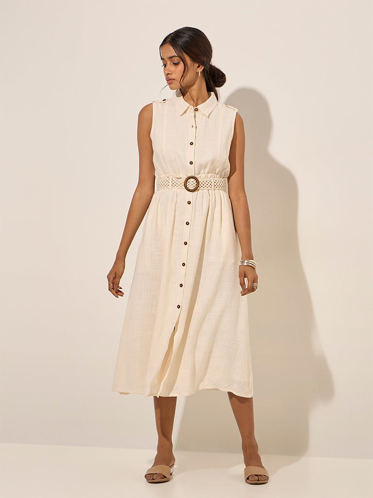 LOV Light Beige Solid Linen-Blend Shirt Dress with Belt