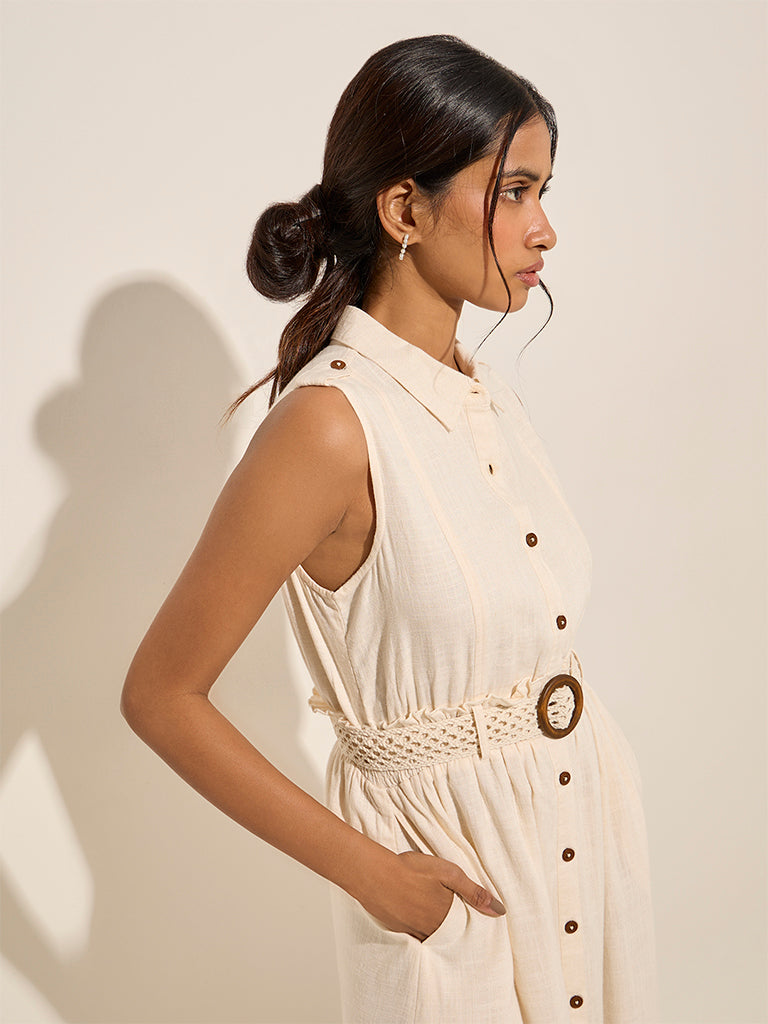 LOV Light Beige Solid Linen-Blend Shirt Dress with Belt - Image 2