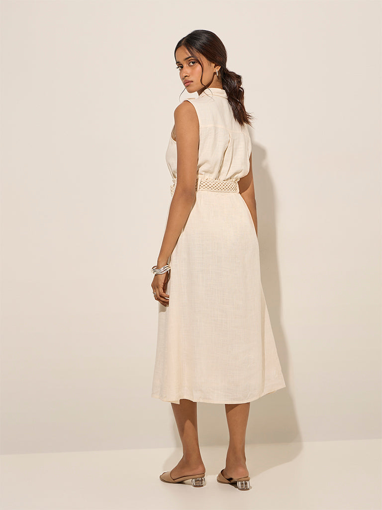 LOV Light Beige Solid Linen-Blend Shirt Dress with Belt - Image 4