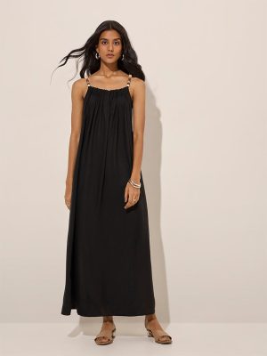 LOV Black Beads-Designed Linen-Blend Slip Dress