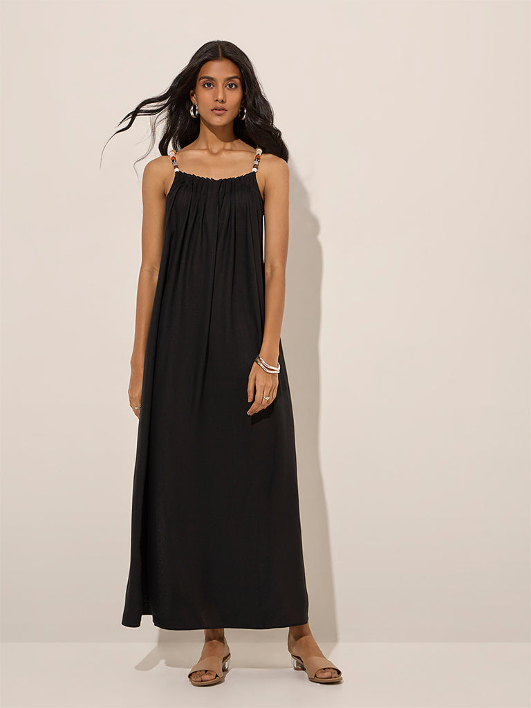 LOV Black Beads-Designed Linen-Blend Slip Dress