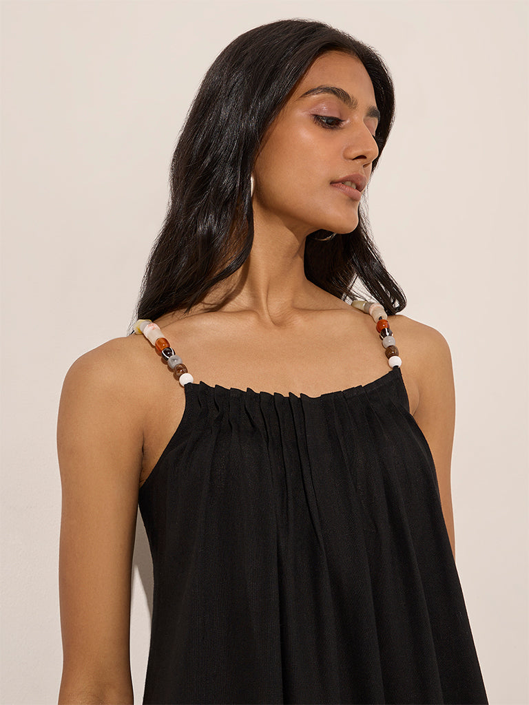 LOV Black Beads-Designed Linen-Blend Slip Dress - Image 2