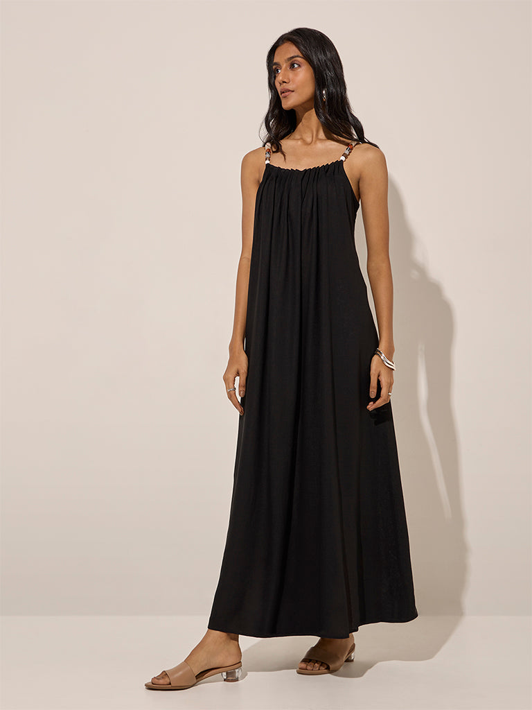 LOV Black Beads-Designed Linen-Blend Slip Dress - Image 3