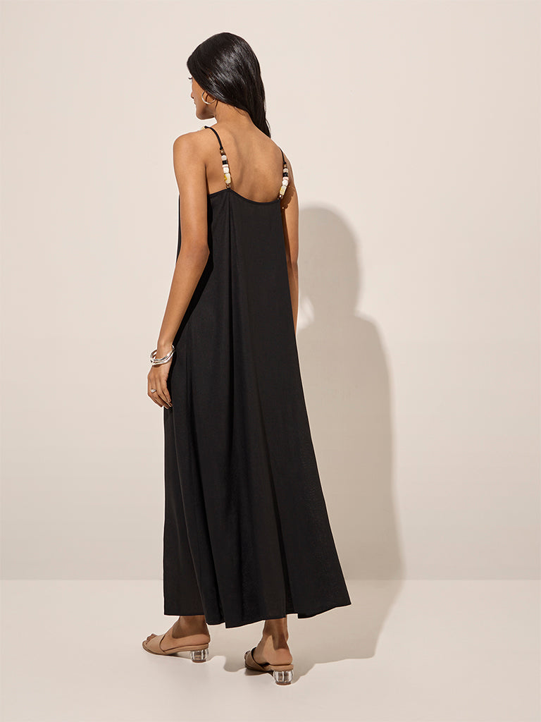 LOV Black Beads-Designed Linen-Blend Slip Dress - Image 4