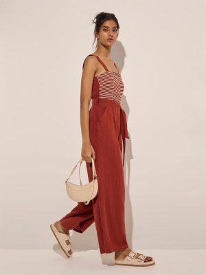 LOV Rust Embroidered Linen-Blend Jumpsuit with Belt
