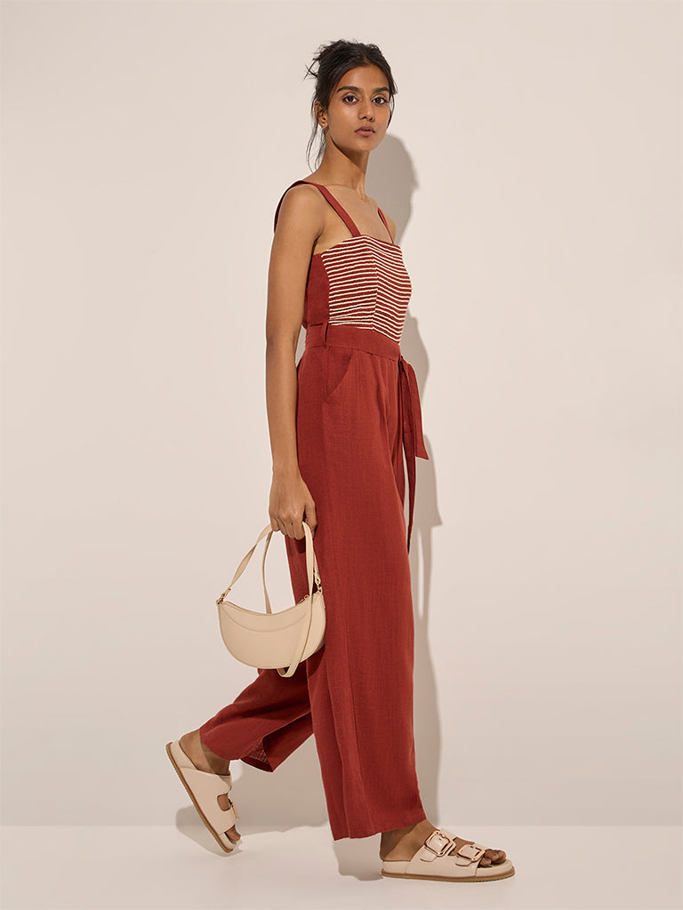 LOV Rust Embroidered Linen-Blend Jumpsuit with Belt