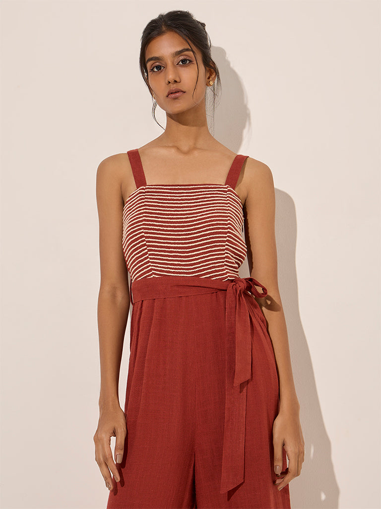 LOV Rust Embroidered Linen-Blend Jumpsuit with Belt - Image 2