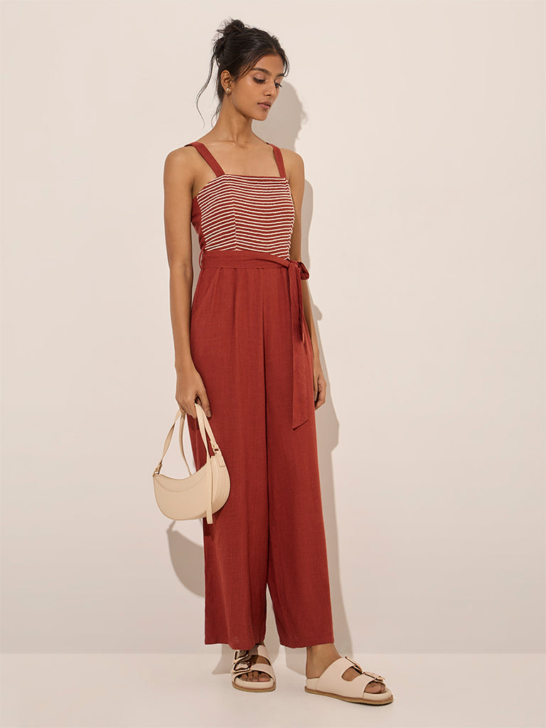 LOV Rust Embroidered Linen-Blend Jumpsuit with Belt - Image 3