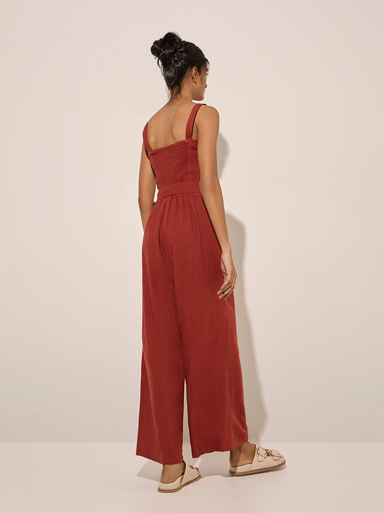 LOV Rust Embroidered Linen-Blend Jumpsuit with Belt - Image 4