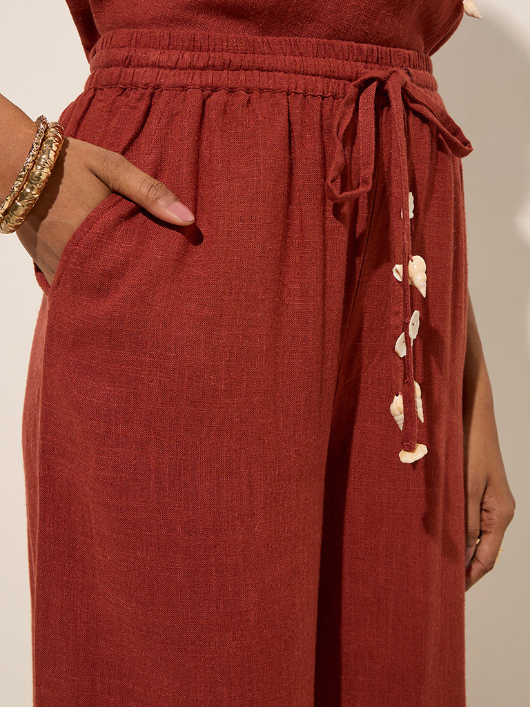 LOV Rust High-Rise Linen-Blend Trousers - Image 2