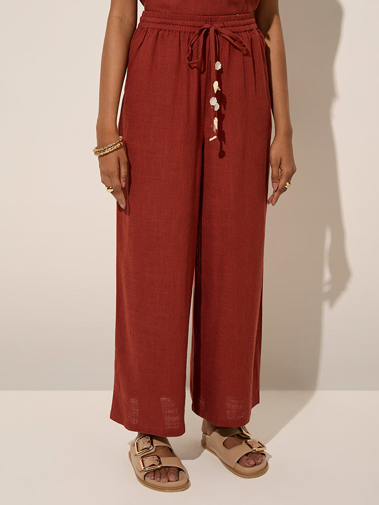 LOV Rust High-Rise Linen-Blend Trousers - Image 3