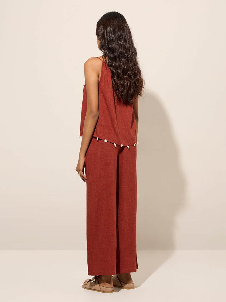 LOV Rust High-Rise Linen-Blend Trousers - Image 4