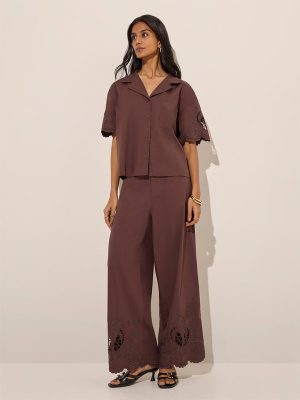 LOV Brown Cut-Out Detailed High-Rise Linen-Blend Trousers