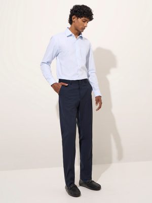 WES Formals Navy Pinstriped Relaxed-Fit Mid-Rise Trousers