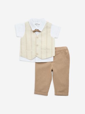 HOP Baby Beige Cotton Shirt. Waistcoat. Trousers and Bow Set