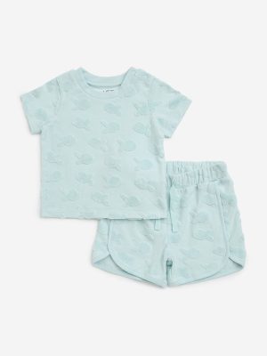 HOP Baby Blue Embroidered Cotton-Blend T-Shirt & Shorts Set