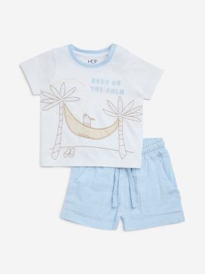 HOP Baby White Embroidered Cotton T-Shirt and Shorts Set