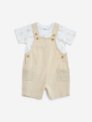 HOP Baby Beige Cotton Dungaree with Printed T-Shirt Set