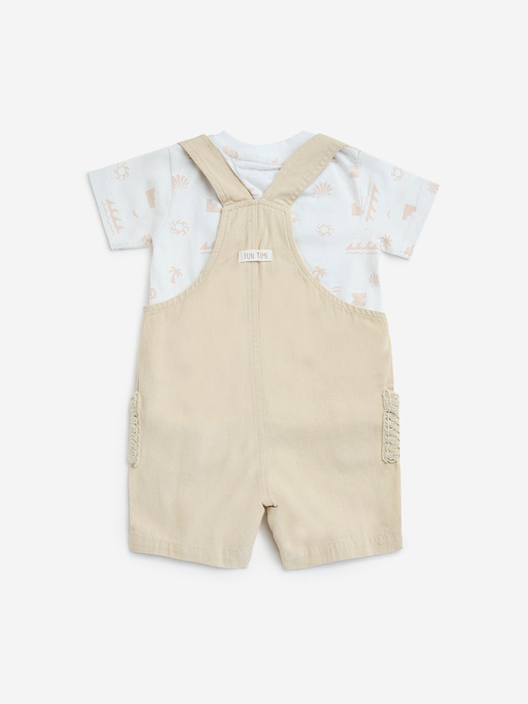 HOP Baby Beige Cotton Dungaree with Printed T-Shirt Set - Image 2