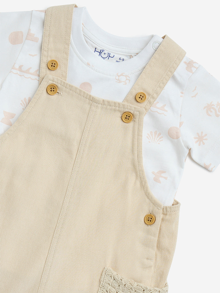 HOP Baby Beige Cotton Dungaree with Printed T-Shirt Set - Image 3