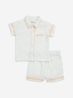 HOP Baby White Embroidered Cotton Shirt and Shorts Set