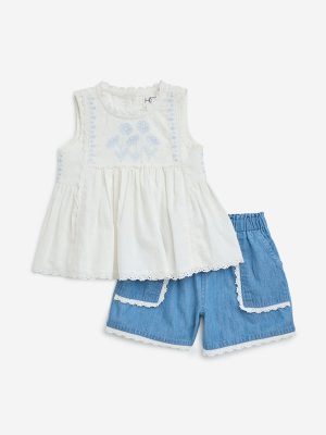HOP Baby White Floral Embroidered Cotton Top with Shorts Set