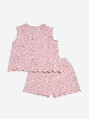 HOP Baby Pink Crochet-Detailed Cotton Top with Shorts Set