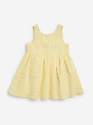 HOP Baby Yellow Floral Embroidered Cotton A-Line Dress