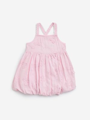 HOP Baby Pink Floral Embroidered Cotton Balloon Dress