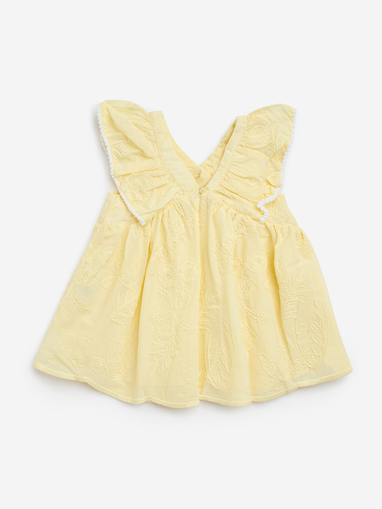 HOP Baby Yellow Floral Embroidered Cotton A-Line Dress - Image 2