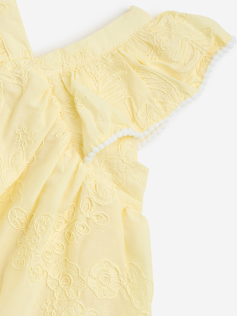 HOP Baby Yellow Floral Embroidered Cotton A-Line Dress - Image 3