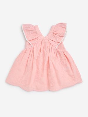 HOP Baby Peach Floral Embroidered Cotton Fit-and-Flare Dress