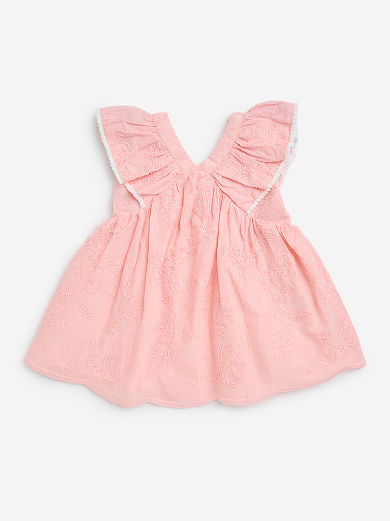 HOP Baby Peach Floral Embroidered Cotton Fit-and-Flare Dress