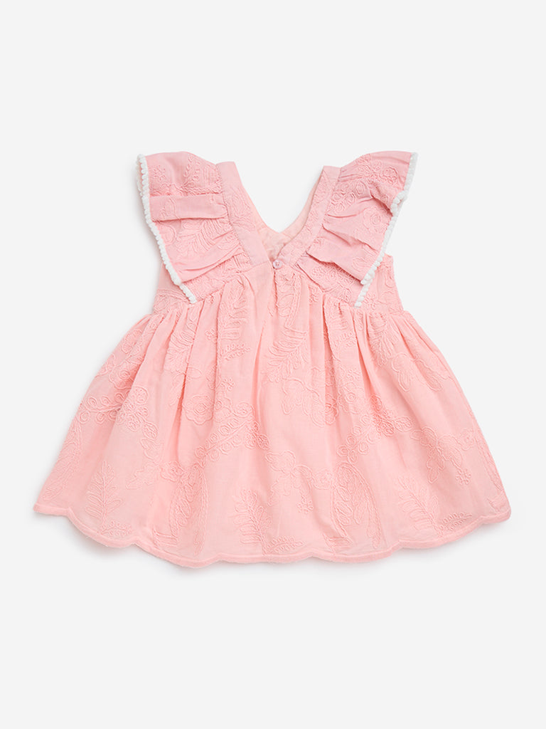 HOP Baby Peach Floral Embroidered Cotton Fit-and-Flare Dress - Image 2