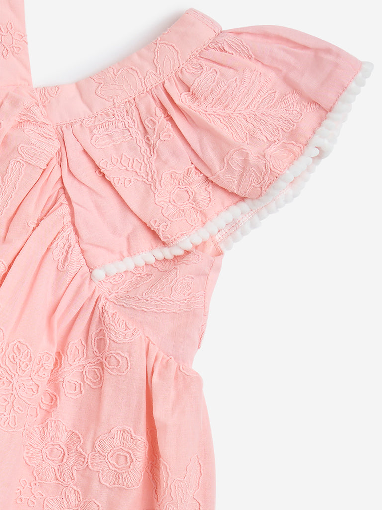 HOP Baby Peach Floral Embroidered Cotton Fit-and-Flare Dress - Image 3