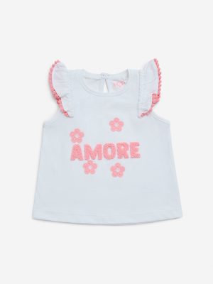 HOP Baby White Text Embroidered Cotton Top