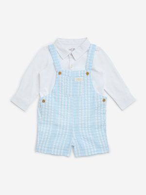 HOP Baby Light Blue Striped Cotton Dungaree with Shirt Set
