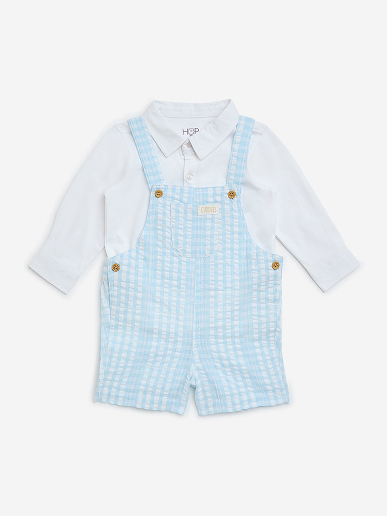 HOP Baby Light Blue Striped Cotton Dungaree with Shirt Set