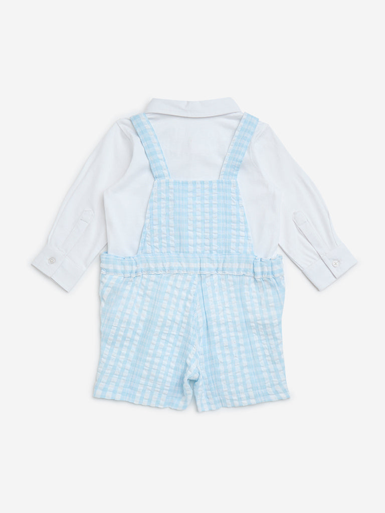 HOP Baby Light Blue Striped Cotton Dungaree with Shirt Set - Image 2