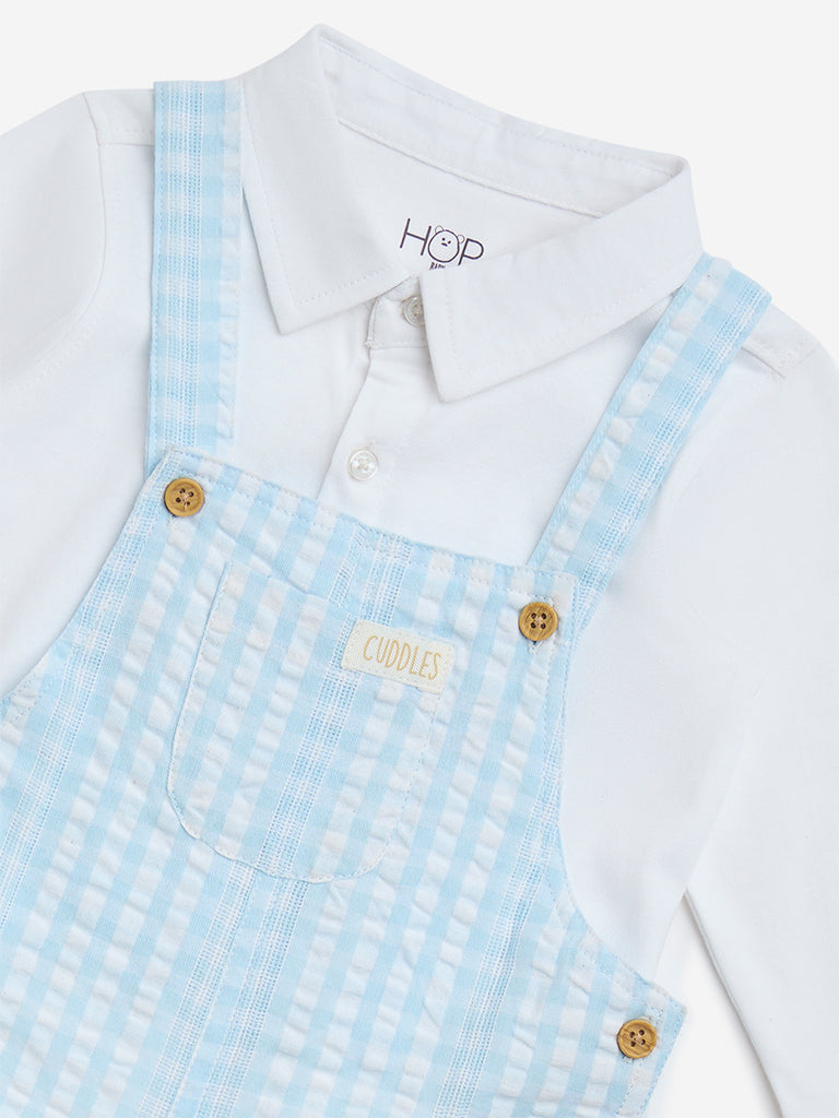 HOP Baby Light Blue Striped Cotton Dungaree with Shirt Set - Image 3