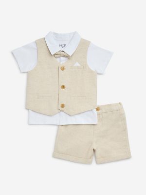 HOP Baby Beige Cotton Waistcoat. Shirt. Shorts and Bow Set