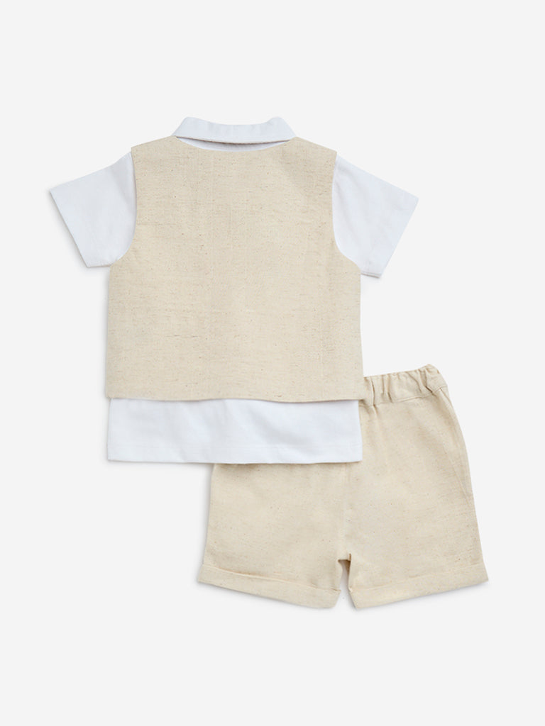 HOP Baby Beige Cotton Waistcoat. Shirt. Shorts and Bow Set - Image 2
