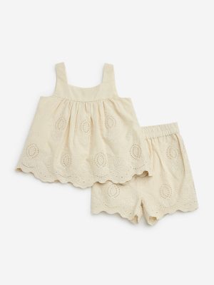 HOP Baby Beige Eyelet Embroidered Cotton Top and Shorts Set
