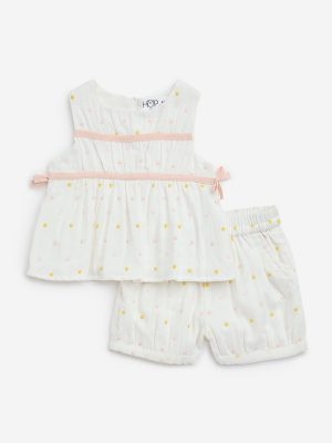 HOP Baby White Polka Dotted Cotton Top and Shorts Set