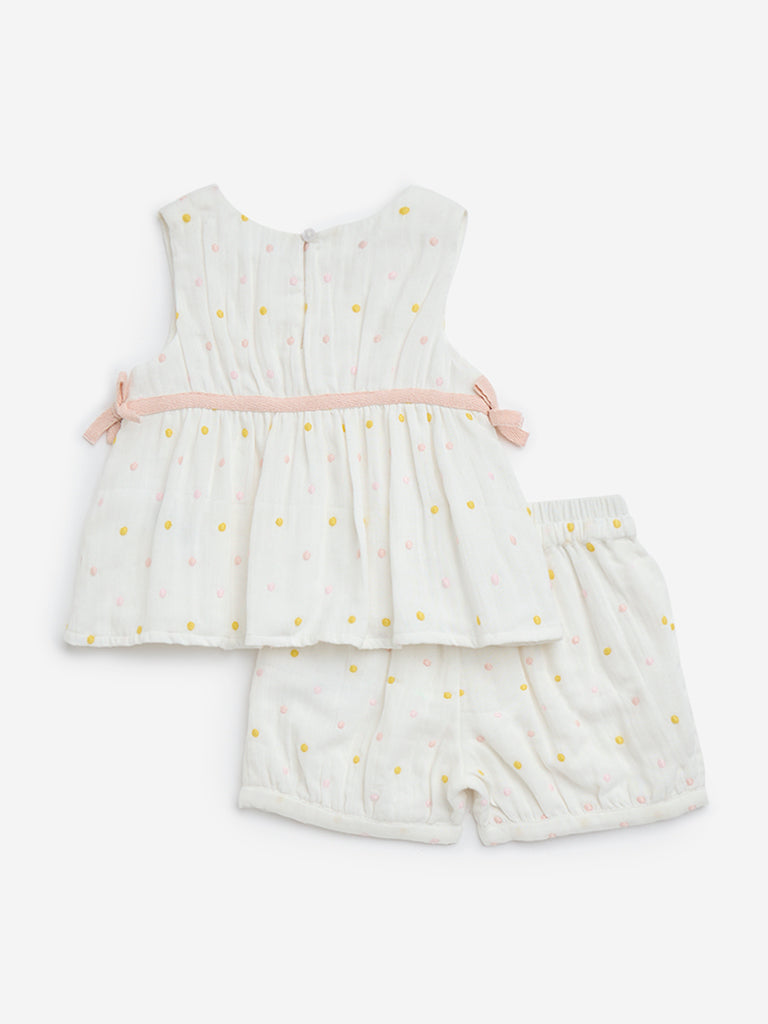 HOP Baby White Polka Dotted Cotton Top and Shorts Set - Image 2