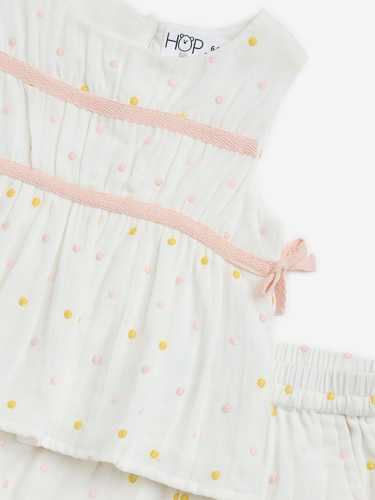 HOP Baby White Polka Dotted Cotton Top and Shorts Set - Image 3
