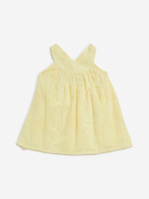 HOP Baby Yellow Floral Embroidered Cotton A-Line Dress